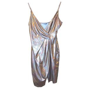 NWT Fashion Nova Iridescent Bronze Faux Wrap Dress Size M Glam Party Celebration